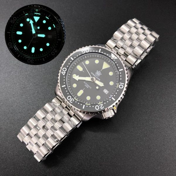 

steeldive men dive sport watch,mens nh35 automatic mechanical watches 200m waterproof wristwatch luminous ceramic bezel clock, Slivery;brown