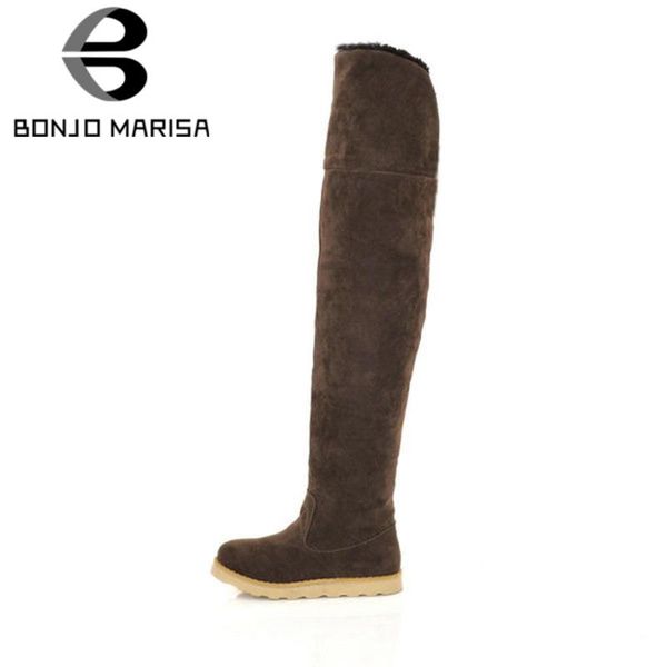 

bonjomarisa женская платформа теплый толстые мех колено высокие сапоги круглый носок над коленом boots зимы женщин comfy обувь женщина, Black