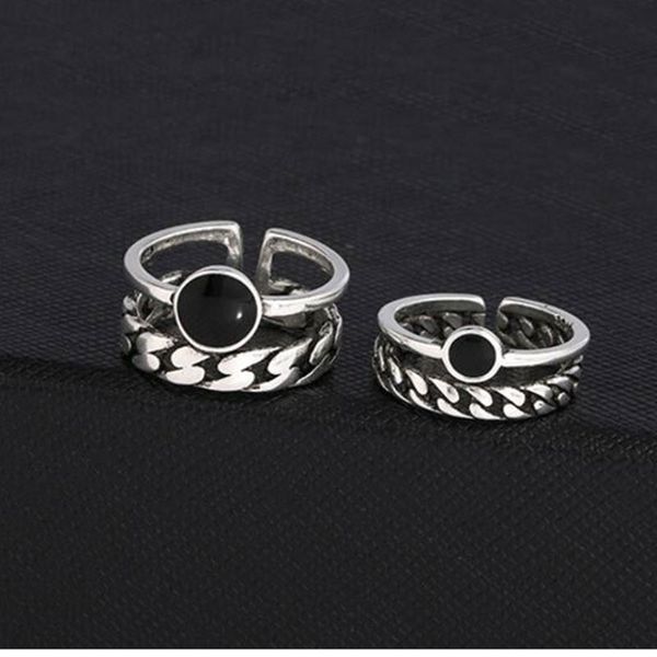 

retro double layer thai silver color adjustable rings connected with black zircon couple jewelry s-r288, Golden;silver