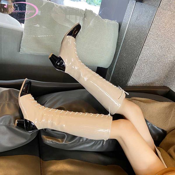 

simple style round toe knee high boots fashion lace-up matching color black apricot middle heel thick riding boots woman shoes