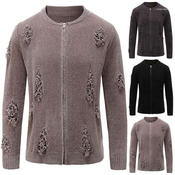 

hole sweater fashion stand collar zipper solid color cardigan sweater casual homme clothing mens plus size, White;black