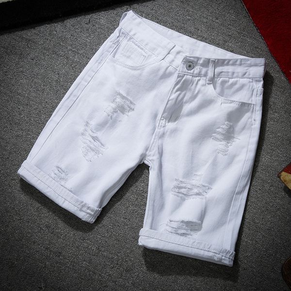 

men's jeans men white denim shorts summer holes short cotton stretches casual, Blue
