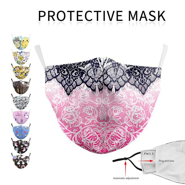 poeira máscara 2020 rendado de designer de impressão 3D da face máscaras ajustável Ranibow Unicorn protetora com filtro PM2.5 máscaras respirável