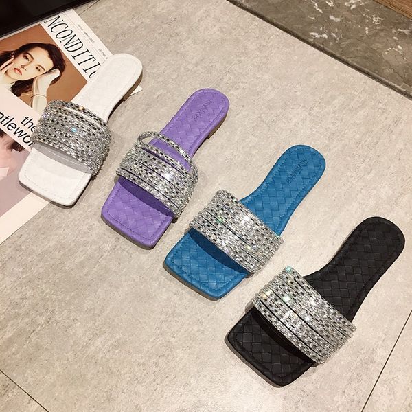 

rimocy 2020 new women square toe rhinestone slides summer ladies comfort flat slippers fashion outdoor beach sandals shoes woman, Black