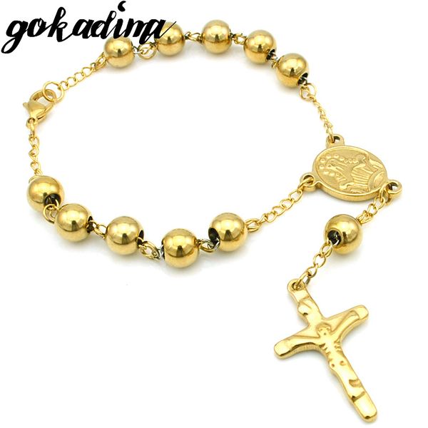

gokadima men stainless steel bracelet, new church gift gold color jesus cross beads chain rosary bracelet jewelry wrn20, Black