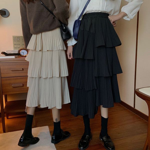 

skirts summer autumn vintage irregular ruffles high waist womens apricot black korean style elastic skirt