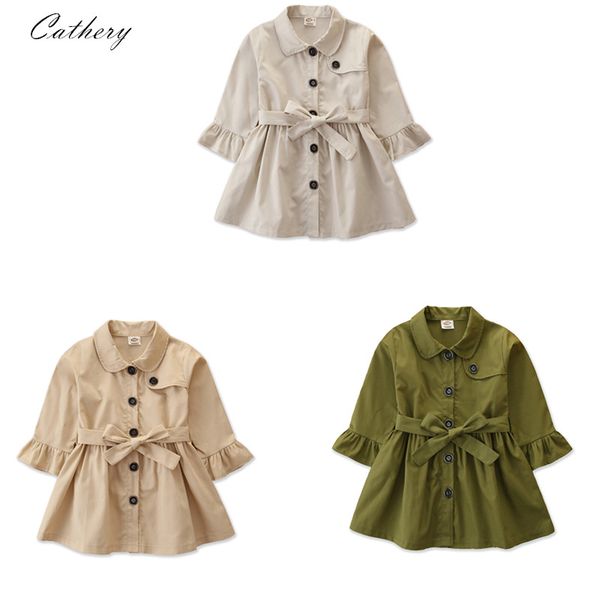 

carthery baby kids girls spring autumn windbreaker jacket long sleeve ruffles button belt clothes fashion wind proof coat, Blue;gray