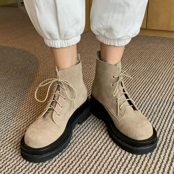 

boots women cow suede chunky thick heels ankle round toe lace-up autumn winter fashion cross-tied casual black gray booties 2021
