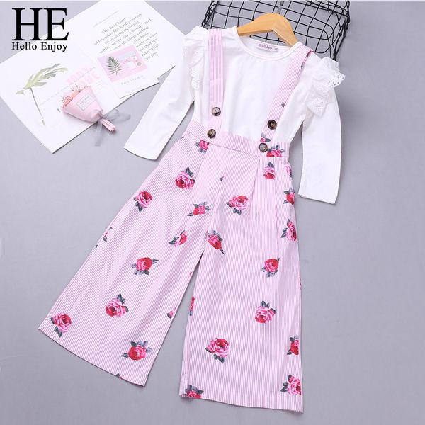 

he hello enjoy girls clothes sets 2020 autumn kid white long-sleeve + pink printed strap pants children clothing casual suit