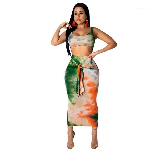 

two piece dress fashion tie dye set casual scoop neck crop ankle-length dresses womens clothing women, White