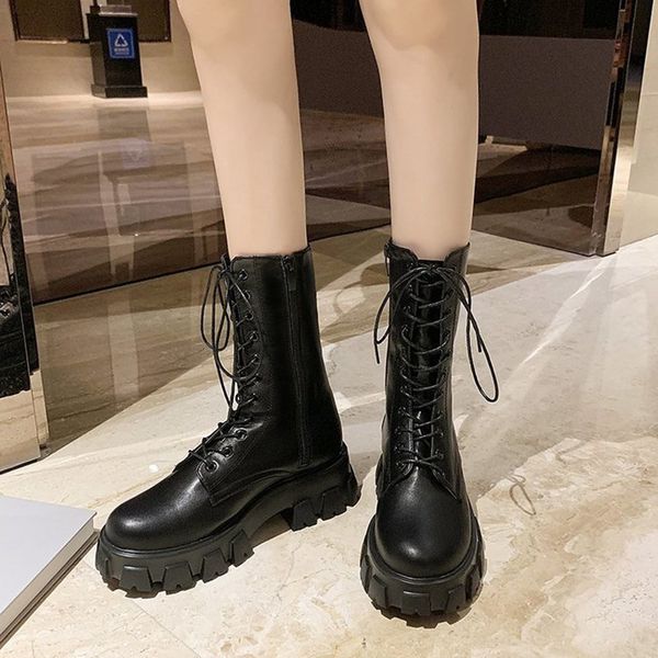 

rimocy fashion chunky platform mid-calf boots women solid pu leather waterproof booties woman thick bottom non slip botas femme, Black