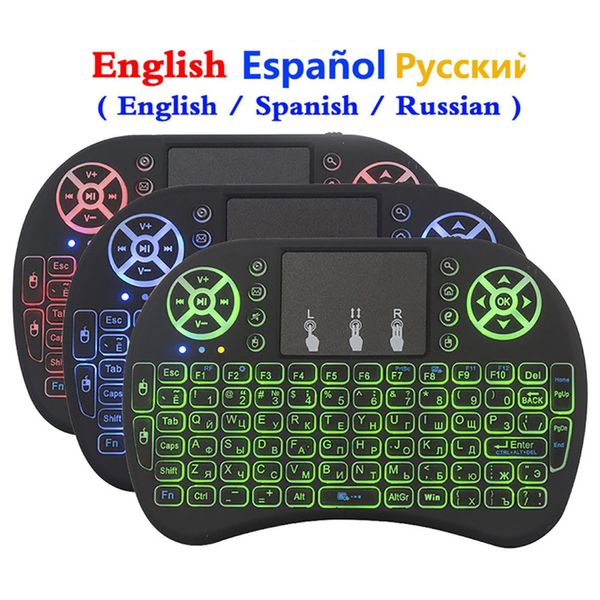 Mini tastiera wireless i8 3 colori retroilluminato 2.4 ghz inglese russo spagnolo air mouse con telecomando touchpad per Android TV Box
