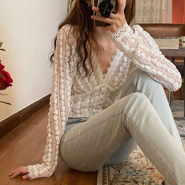 

women's blouses & shirts hzirip women 2021 autumn female lace single breasted cardigan jacquard elegant casual all match office lady b, White