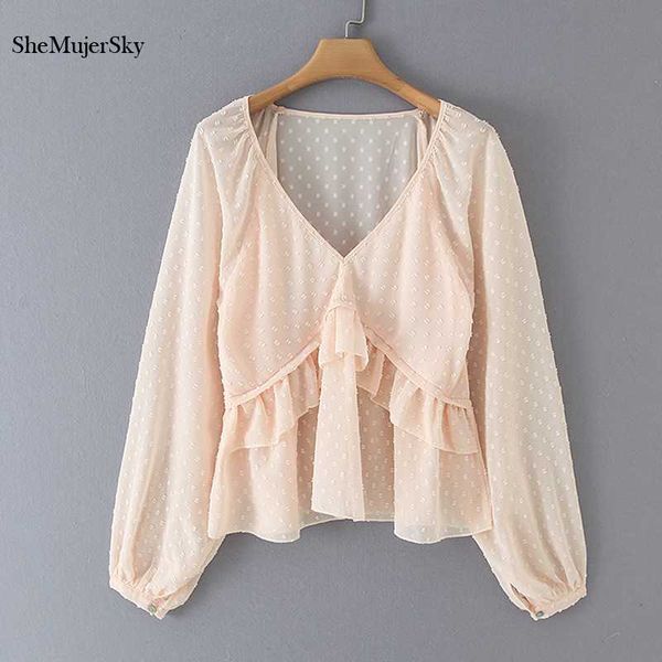 

shemujersky pink chiffon women blouse long sleeve v-neck ruffles 2020 shirts chemise femme manche longue, White