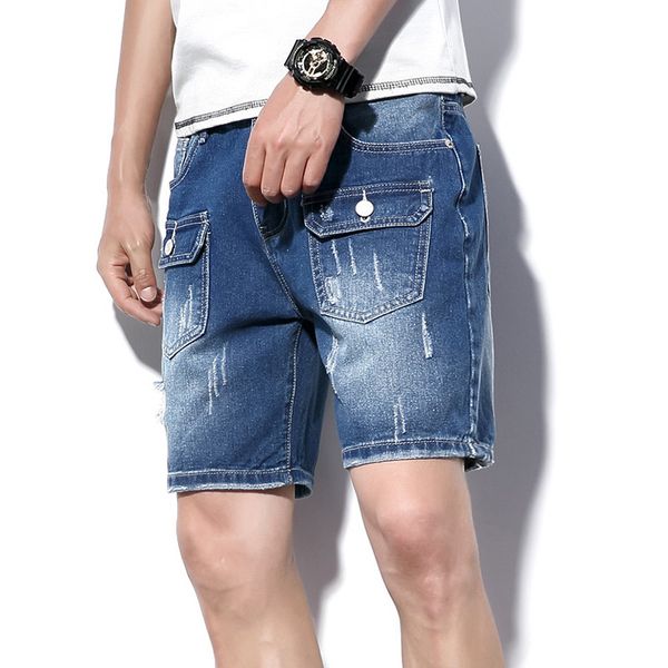

loose casual knee high shorts jeans straight stretch punk straight short denim jeans pockets hip hop homme, Blue