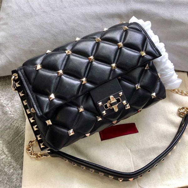 

2 size rivet genuine real leather chain purse crossbody black shoulder messenger bag chain bags