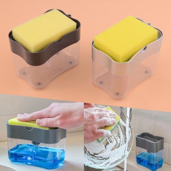 

new plastic 2 in 1 manual press dishwashing liquid soap dispenser box 13.8 x 9 x 11 cm with sponge holder
