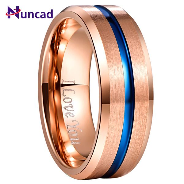 

nuncad 8mm ширина карбида вольфрама кольцо полное розовое золото + синий groove angle обручальное кольцо стали вольфрама кольца мужские, Slivery;golden