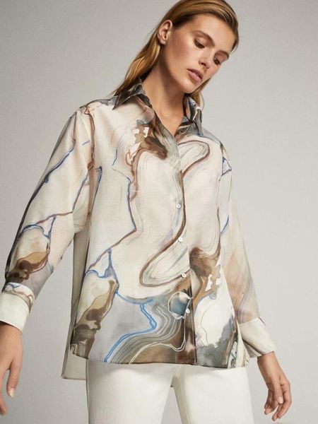 

md deep v-neck blouse women fashion floral print long sleeve shirts ladies vintage loose turn-down collar ropa mujer, White