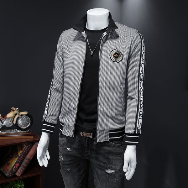 

trendy new men's plaid embroidery autumn and winter jacket jacket korean style slim standing collar tide brand men's clothing, Black;brown