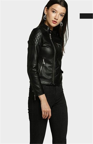

long sleeve stand collar ladies outerwear with zipper skinny faux leather jackets autumn pu short womens coats casual, Black