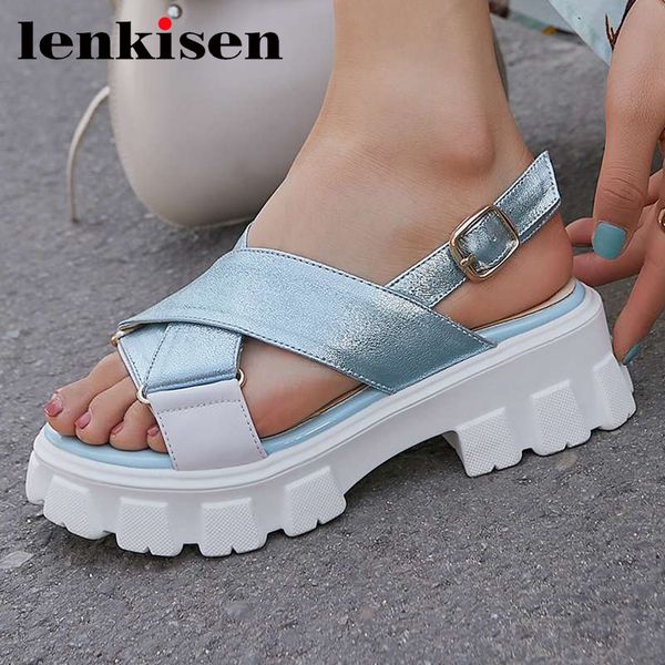 

lenkisen genuine leather peep toe thick bottom high heels buckle strap beauty lady streetwear summer sandals women l12, Black
