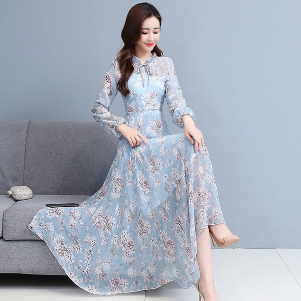 

2020 new women spring autumn long sleeve bow elegant maxi dress floral printed retro chiffion female dresses vestidos c284, Black;gray