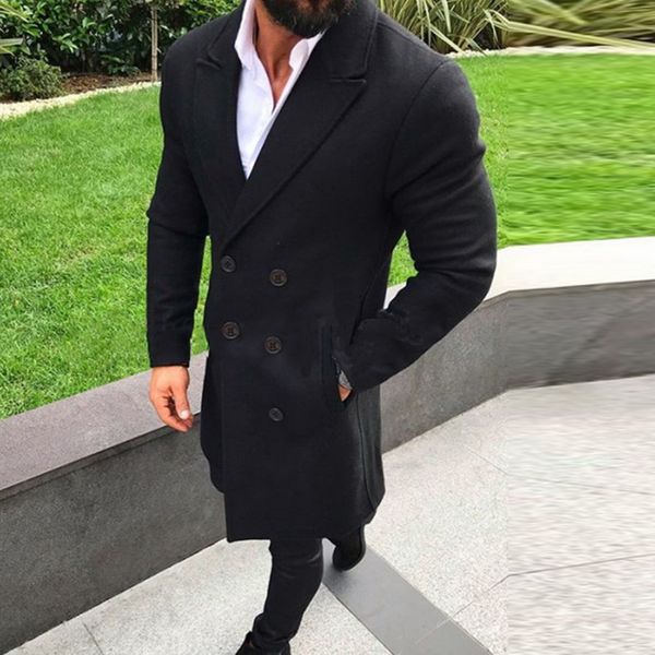 

men's wool & blends mens trench coat fashion designer men long autumn winter double-breasted windproof slim plus size, Black