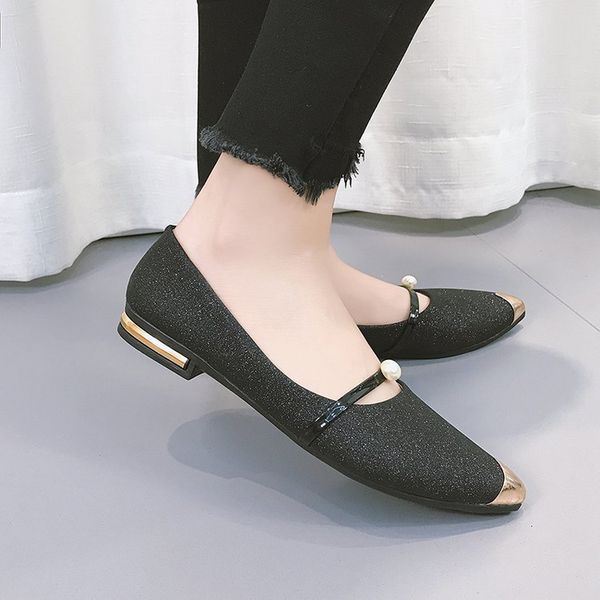 

лето ladies квартиры обувь женская обувь pearl комфортное toe плоский остроконечные золото серебро женский вскользь женщина лодка 698, Black