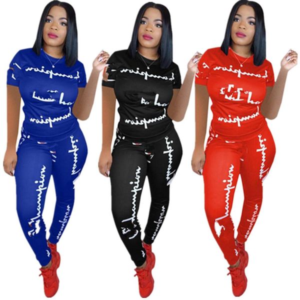 

women champions letter tracksuit short sleeve t shirt + pants leggings 2 piece set summer designer t-shirt outfits sport suit clothes, White