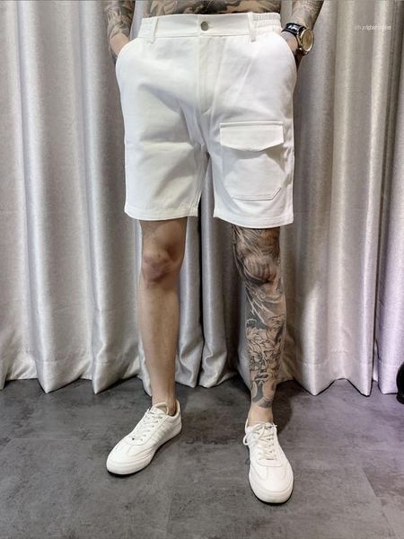 

solid color straight pocket elasticity thin short males street casual teenagers designer white demin shorts summer knee length pants mens, White;black