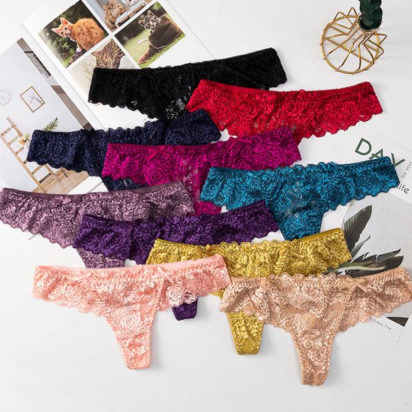 

women lace underwear ladies casual breathable solid color low waist panties womens underwears 10 colors, Black;pink