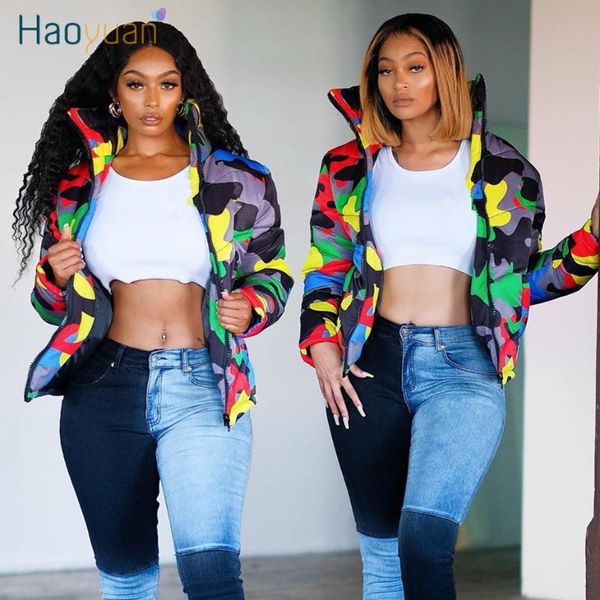 

haoyuan camo winter jacket women men plus size clothing down bubble coat warm thick parka outerwear oversized puffer jacket, Black