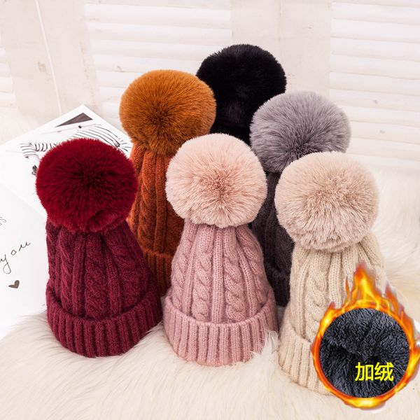 

new plus velvet twist hair ball ladies wool cap korean version of dark buckle bell-shaped knit cap baotou earmuffs hat, Blue;gray