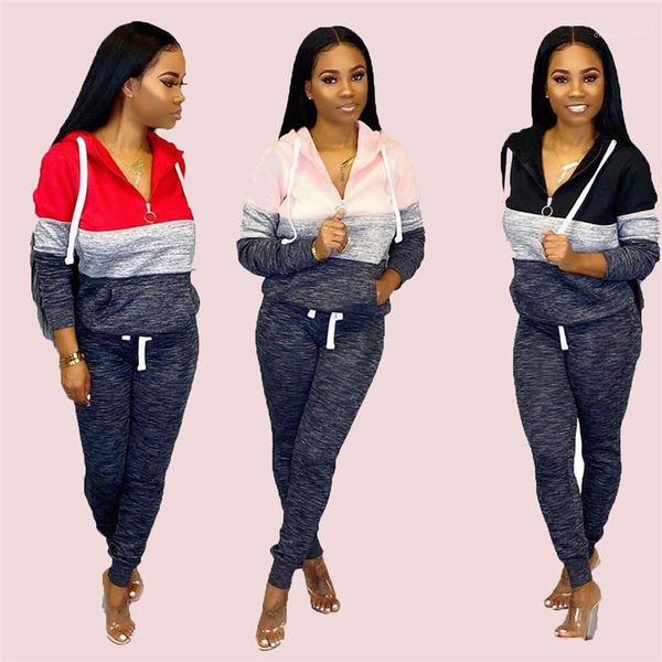 

zipper 2ps sets womens hooded with packet clothing sports womens designer two piece pants fashion striped panelled, White