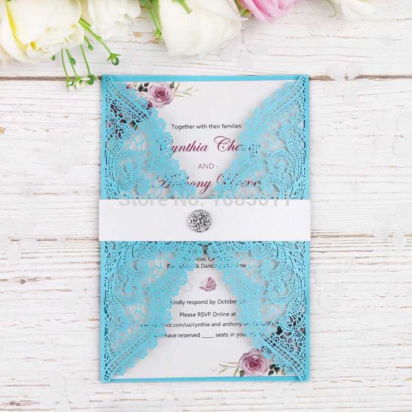 

greeting cards ponatia 20 pcs laser cut invitations card with rhinestone belt (sapphire blue)