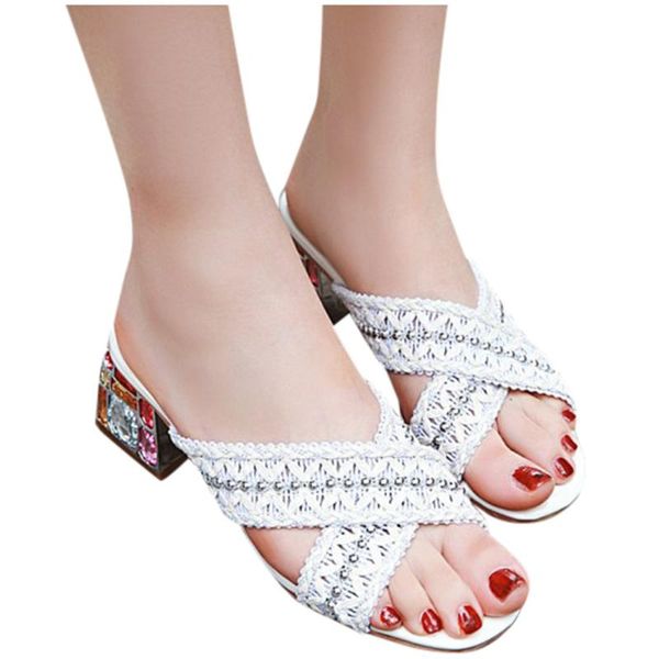 

sagace women sandals summer new with rhinestone cross strap beaded ladies sandals comfortable thick heeled open toe slippers, Black