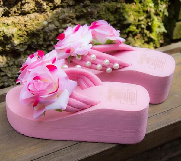 

haha flower new summer big pink rose flower sewing beach shoes wedges platform durable flip flops ing, Black