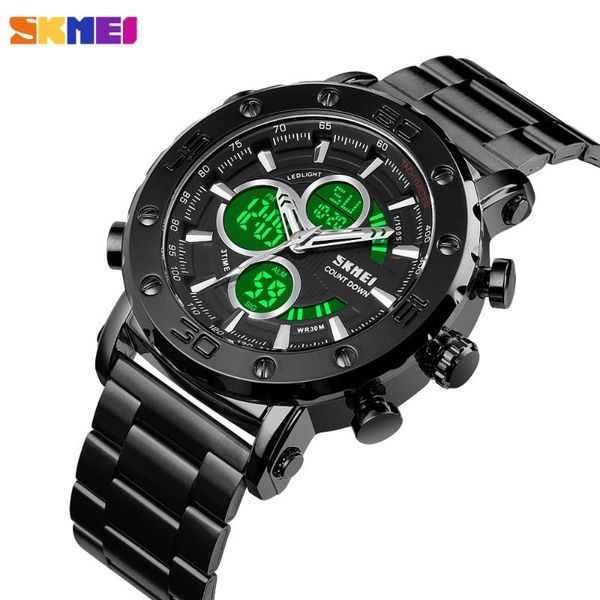 

skmei fashion quartz digital men's watches sports chrono led light male clock waterproof full steel wristwatch reloj hombre, Slivery;brown