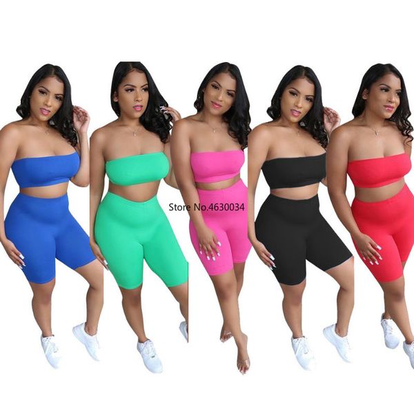

2020 summer solid color women's set strapless crop knee length leggings jogger suit two piece set sporty tracksuit 5 colors, White