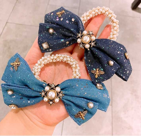 

retro denim starry sky bow hair rope ring pearl hair rope ball head tie jewelry