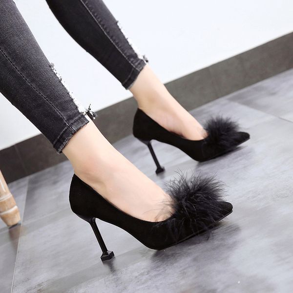 

womens korean-style suede pointed-toe womens thin heeled fashion, Black