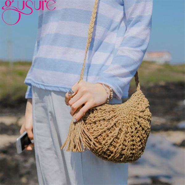 

gusure women semi circle tassel bag moon straw shoulder messenger bags summer travel rattan knitting handbag girls phone purse
