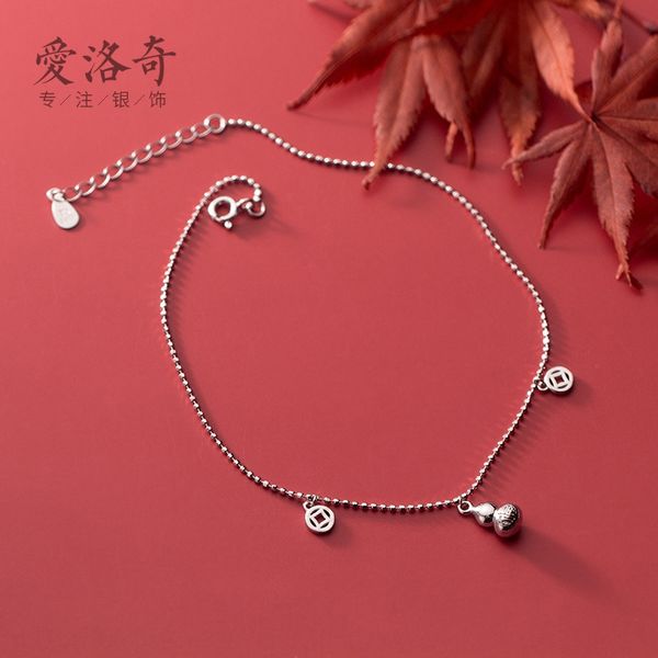 

iroch pendant temperament silver style pendant small gourd coin anklet female s925 artistic sanding anklet ngpht, Red;blue