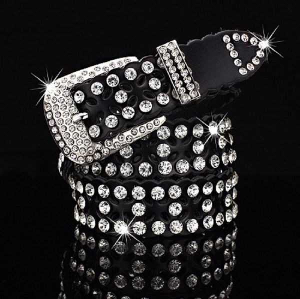 

fashion luxury designer sparkling diamond zircon hollow flower leather belt for woman female 110cm 3.6 ft, Black;brown