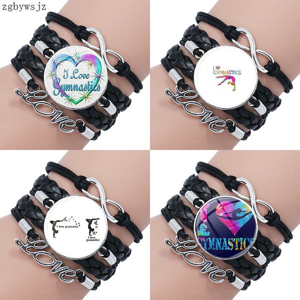 

charm bracelets vintage cabochon colorful collar multilayer black leather bracelet bangle for women i love gymnastics, Golden;silver