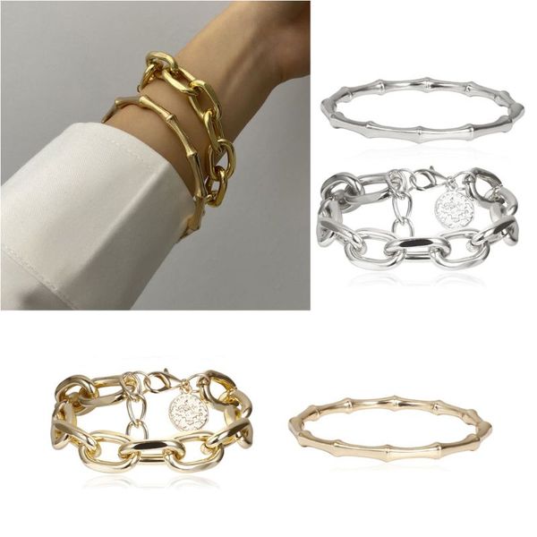 

2pcs punk metal bamboo bracelet coin disc charm chunky link chain bangle women xxfd, Golden;silver