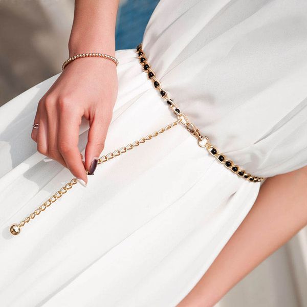 

fashion elegant ladies pearl waist chain metal chain belt wild thin waistband women dress decoration belts bohemian slim belt, Black;brown