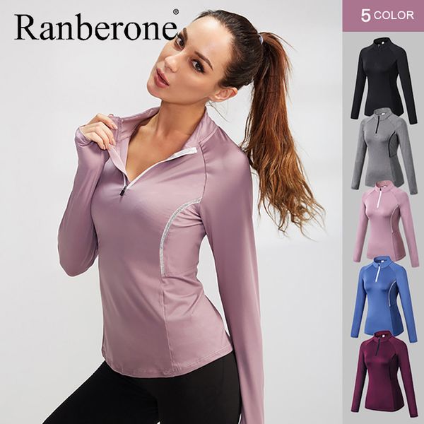 

ranberone women yoga sport zipper long sleeve yoga shirt with thumb holes solid quick dry breathable gym fitness shirt, White;red