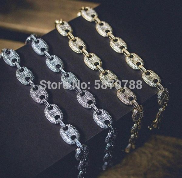 

9mm hip hop gold silver color chain alloy iced out bling zircon copper charm necklace bracelet cz clasp for men jewelry